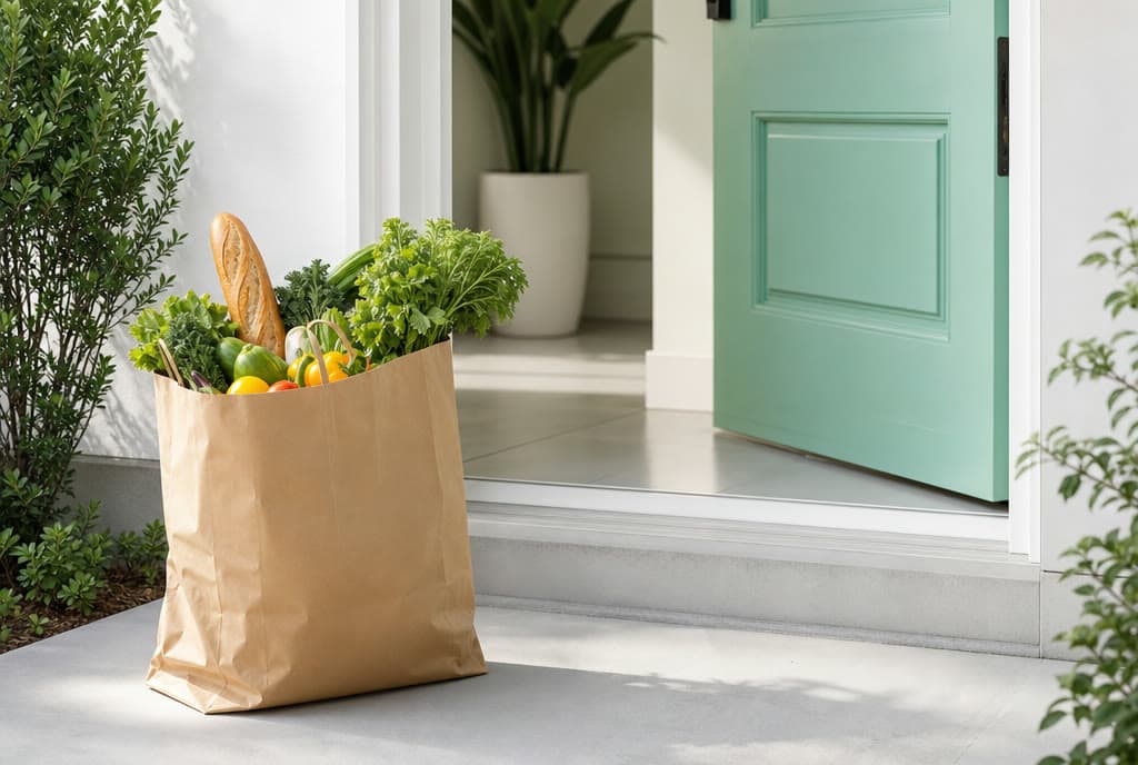 Papiertüte mit frischem Gemüse und Baguette vor einer mintgrünen Haustür